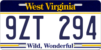 WV license plate 9ZT294