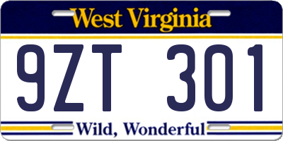 WV license plate 9ZT301