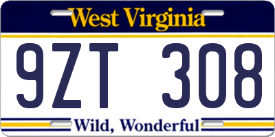 WV license plate 9ZT308