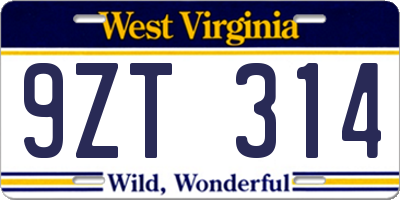 WV license plate 9ZT314