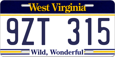 WV license plate 9ZT315