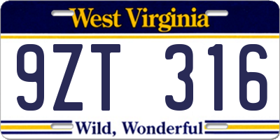 WV license plate 9ZT316
