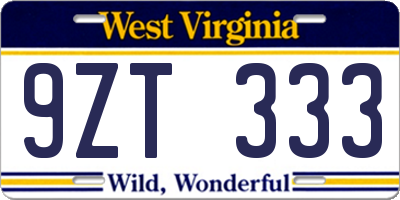 WV license plate 9ZT333