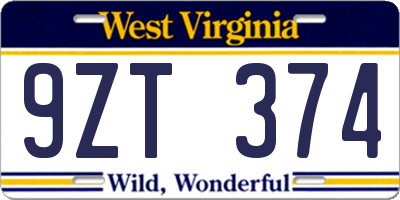 WV license plate 9ZT374