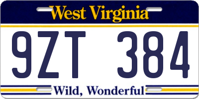 WV license plate 9ZT384