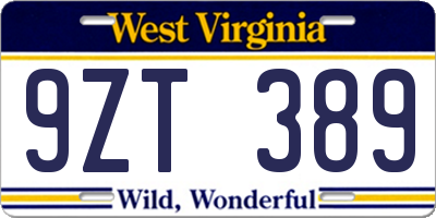 WV license plate 9ZT389