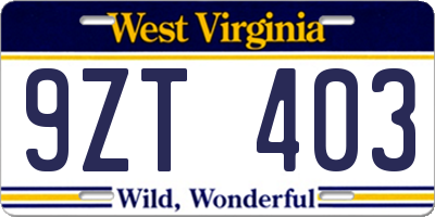 WV license plate 9ZT403