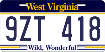 WV license plate 9ZT418