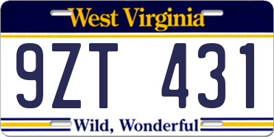 WV license plate 9ZT431
