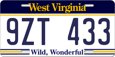WV license plate 9ZT433