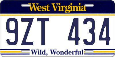 WV license plate 9ZT434