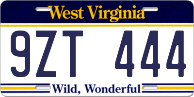 WV license plate 9ZT444