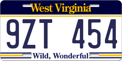 WV license plate 9ZT454