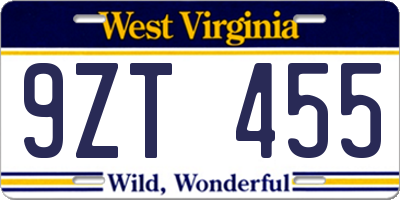 WV license plate 9ZT455