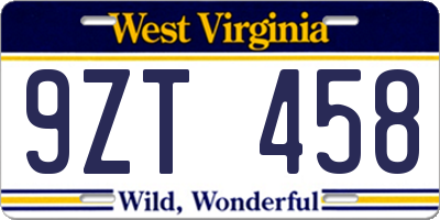 WV license plate 9ZT458