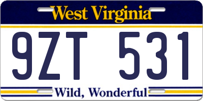 WV license plate 9ZT531