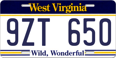 WV license plate 9ZT650