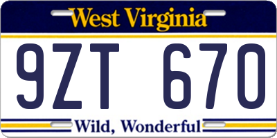 WV license plate 9ZT670
