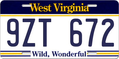 WV license plate 9ZT672