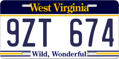 WV license plate 9ZT674