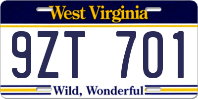 WV license plate 9ZT701