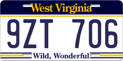 WV license plate 9ZT706