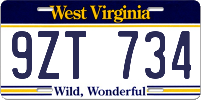 WV license plate 9ZT734