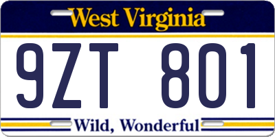 WV license plate 9ZT801