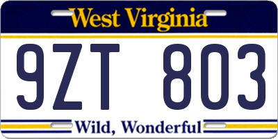 WV license plate 9ZT803