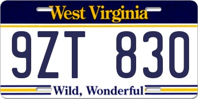 WV license plate 9ZT830