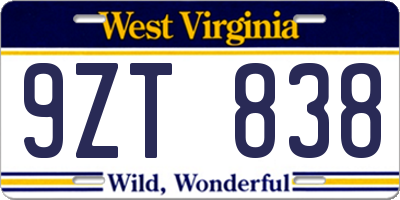 WV license plate 9ZT838
