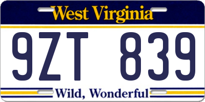 WV license plate 9ZT839