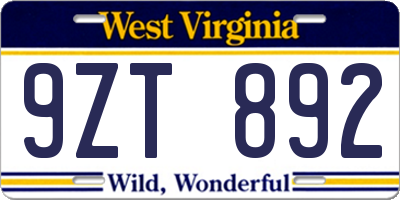 WV license plate 9ZT892