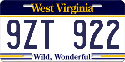 WV license plate 9ZT922