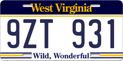 WV license plate 9ZT931