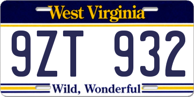WV license plate 9ZT932