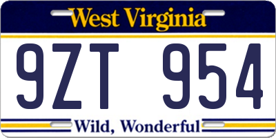 WV license plate 9ZT954