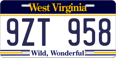 WV license plate 9ZT958