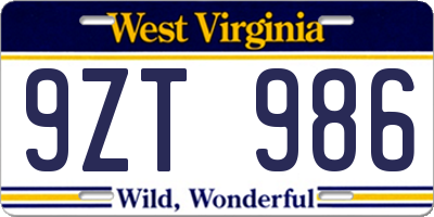 WV license plate 9ZT986