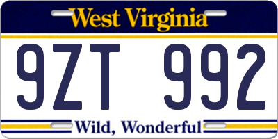 WV license plate 9ZT992