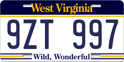 WV license plate 9ZT997