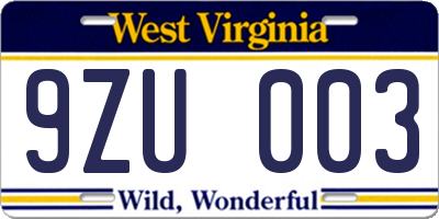 WV license plate 9ZU003