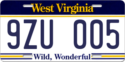 WV license plate 9ZU005