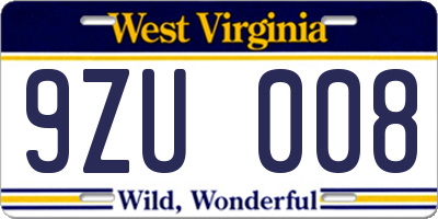 WV license plate 9ZU008
