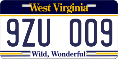WV license plate 9ZU009