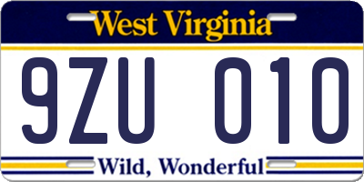 WV license plate 9ZU010