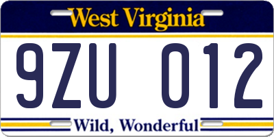 WV license plate 9ZU012