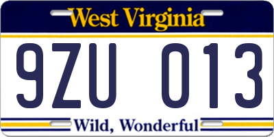 WV license plate 9ZU013