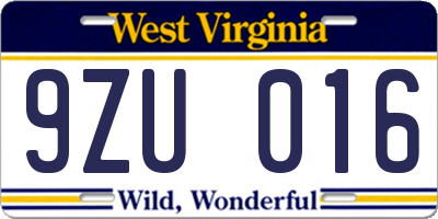 WV license plate 9ZU016