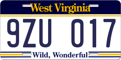 WV license plate 9ZU017